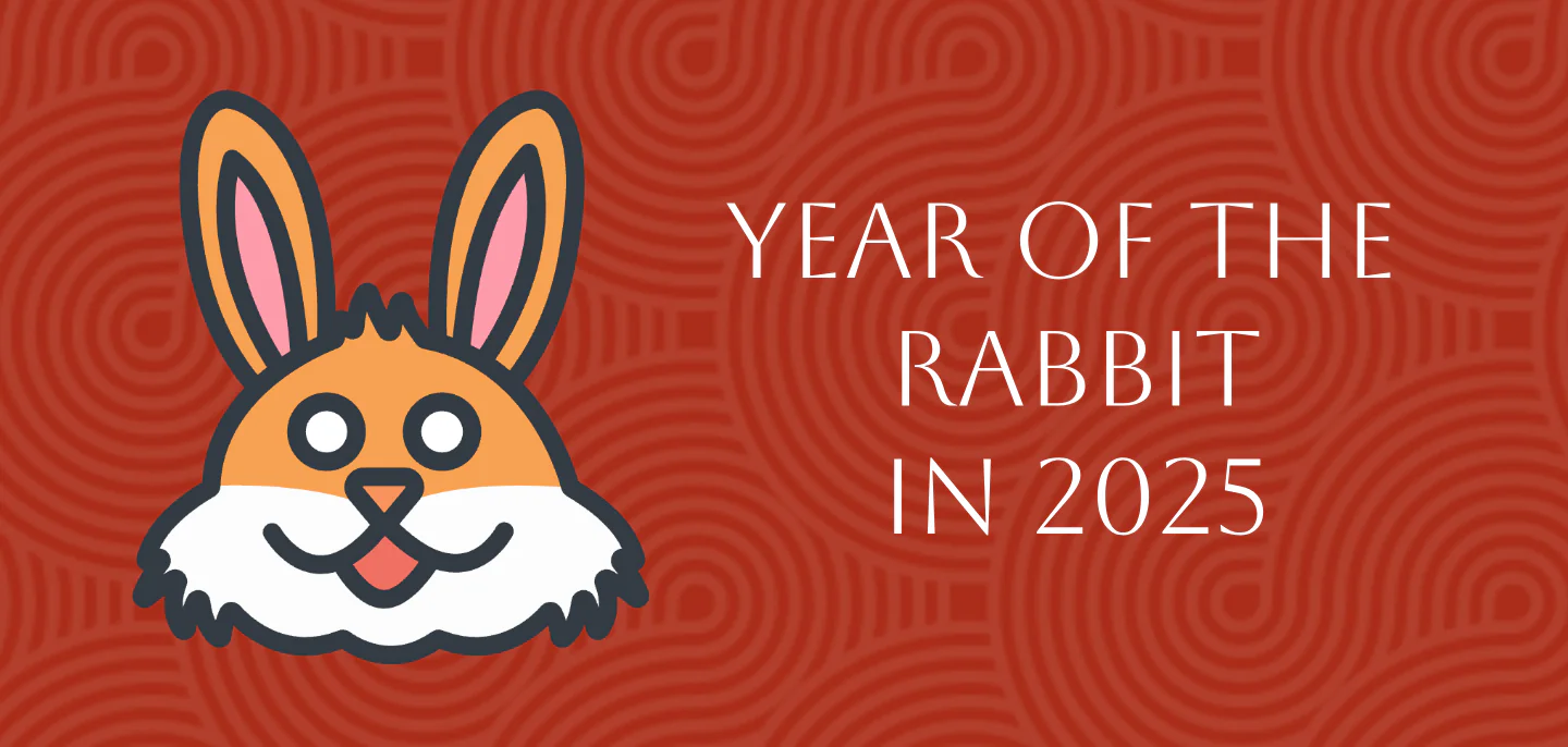 Chinese Zodiac 2025: Complete Rabbit Forecast in Year of Snake, chinatrip, Cartoon rabbit head on a red patterned background with the text 'Year of the Rabbit in 2025'.