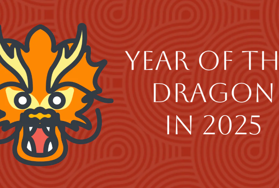 Chinese Zodiac 2025: Complete Pig Forecast in Year of Snake, chinatrip, Dragon head illustration on left with bold orange and yellow colors, red patterned background, and text: 'Year of the Dragon in 2025' on the right