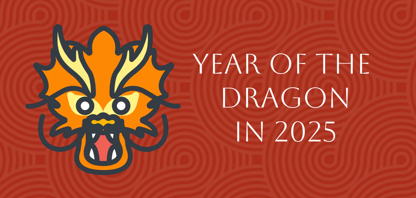 Chinese Zodiac 2025: Complete Pig Forecast in Year of Snake, chinatrip, Dragon head illustration on left with bold orange and yellow colors, red patterned background, and text: 'Year of the Dragon in 2025' on the right