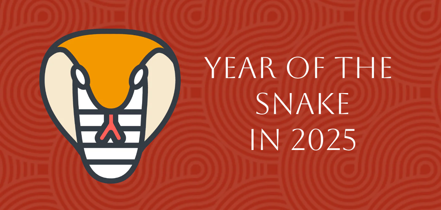 Chinese Zodiac 2025: Complete Pig Forecast in Year of Snake, chinatrip, Stylized snake head logo on a red patterned background with the text 'Year of the Snake in 2025'.