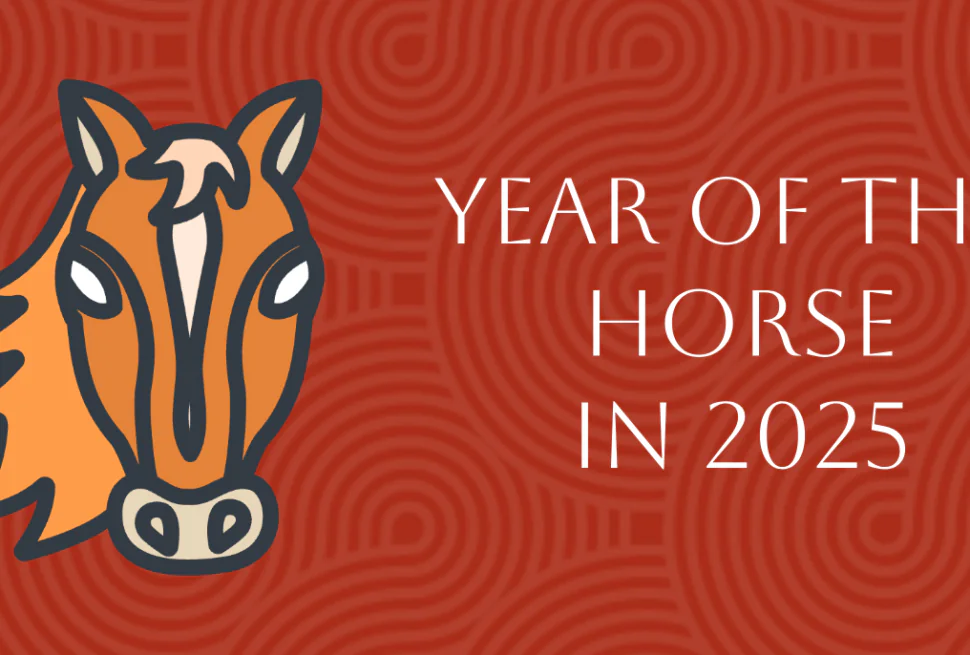 Chinese Zodiac 2025: Complete Pig Forecast in Year of Snake, chinatrip, Illustrated horse head beside the text 'Year of the Horse in 2025' on a red patterned background.
