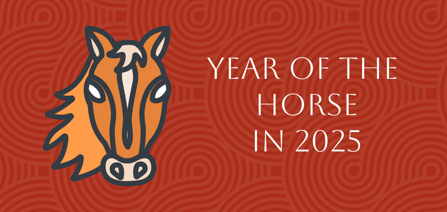 Chinese Zodiac 2025: Complete Pig Forecast in Year of Snake, chinatrip, Illustrated horse head beside the text 'Year of the Horse in 2025' on a red patterned background.