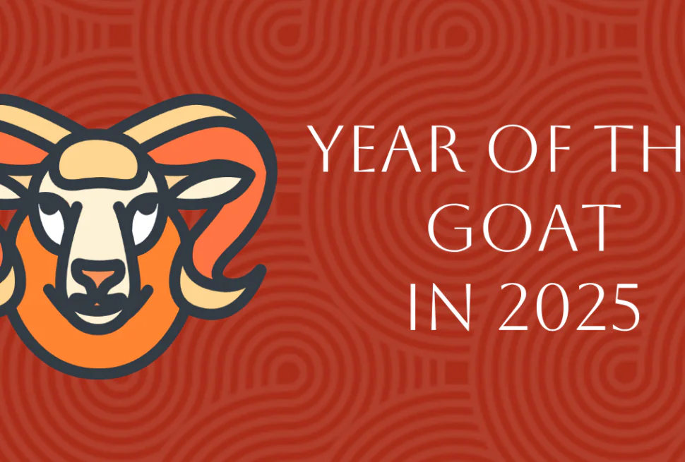 Chinese Zodiac 2025: Complete Pig Forecast in Year of Snake, chinatrip, Graphic for Year of the Goat 2025 featuring a cartoon goat head on a red patterned background with the text 'Year of the Goat in 2025'.