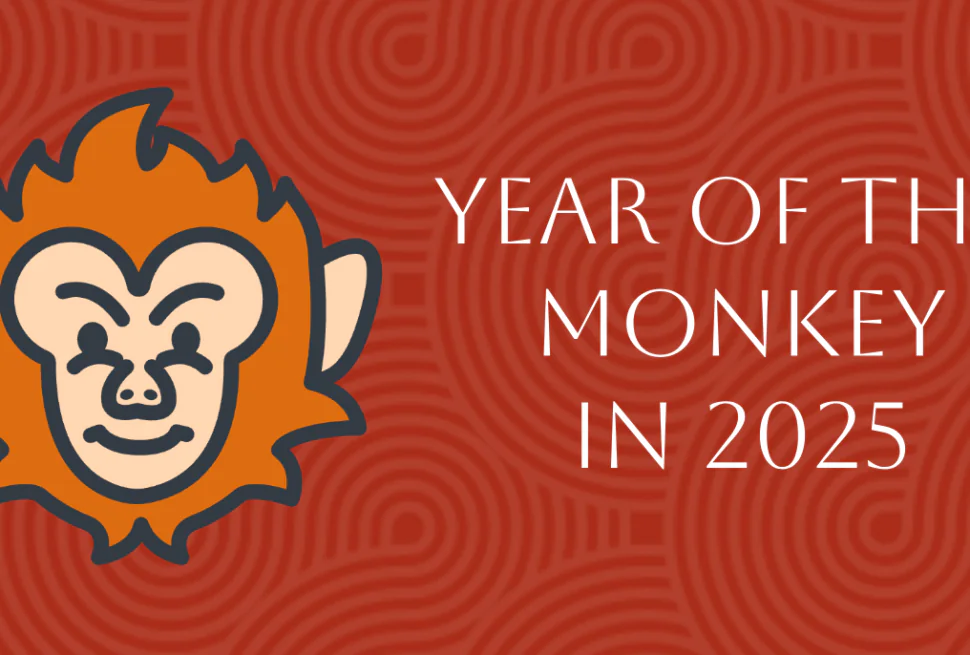 Chinese Zodiac 2025: Complete Pig Forecast in Year of Snake, chinatrip, Illustration of an orange monkey head with a dark outline on a red patterned background, next to the text 'Year of the Monkey in 2025'.