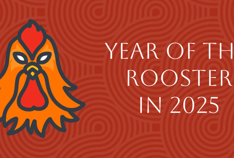 Chinese Zodiac 2025: Complete Rooster Forecast in Year of Snake, chinatrip, Poster announcing Year of the Rooster in 2025 with an orange rooster on a red patterned background.