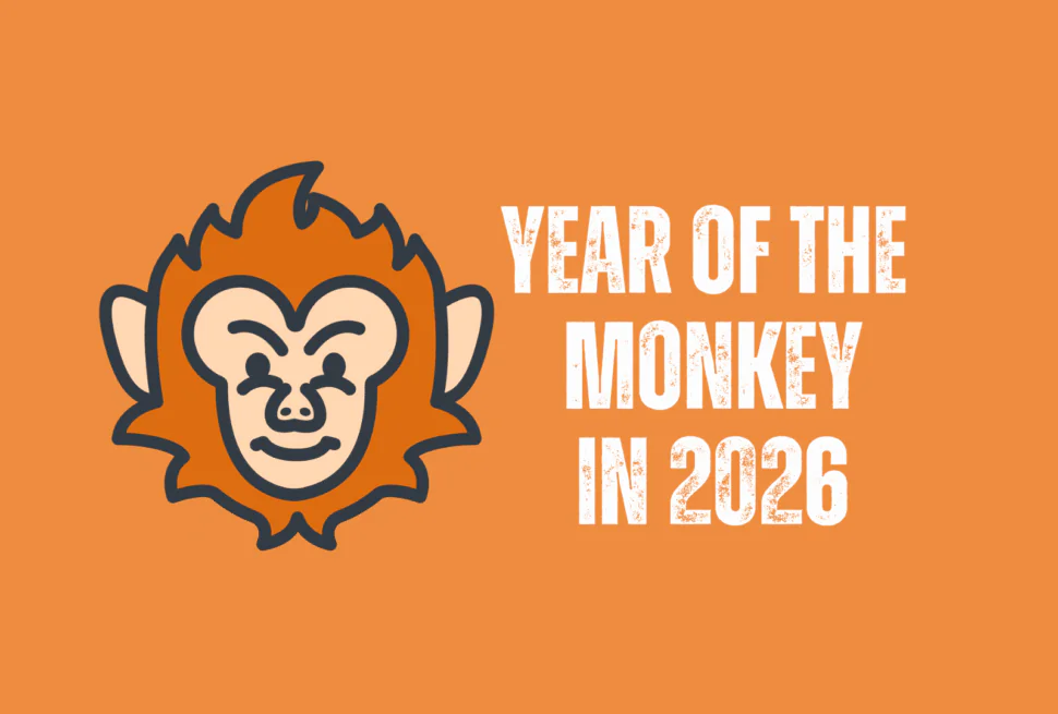 monkey, chinese zodiac 2026, chinatravel, Cartoon monkey face on an orange background with bold 'Year of the Monkey in 2026' text to the right.
