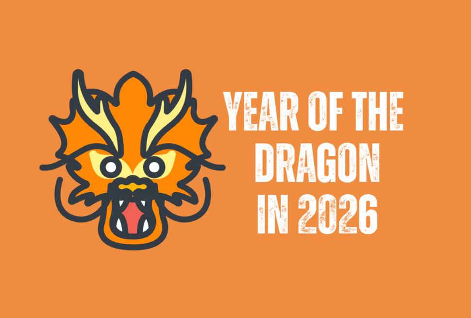 dragon, chinese zodiac 2026, chinatravel, Cartoon orange dragon head on the left with bold white text 'Year of the Dragon in 2026' on an orange background.