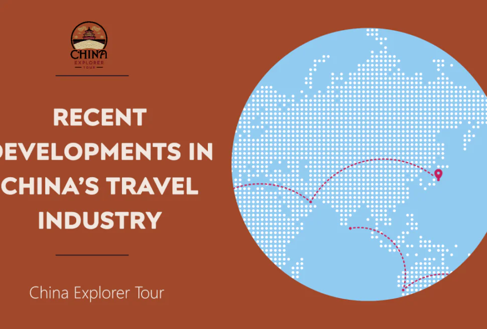 China Visa-Free Travel News: Welcoming Finnish Travelers, Hero banner showing the title 'Recent Developments in China's Travel Industry' beside a dotted world map with pink travel routes on a brown background, logo top left, 'China Explorer Tour' at bottom left.