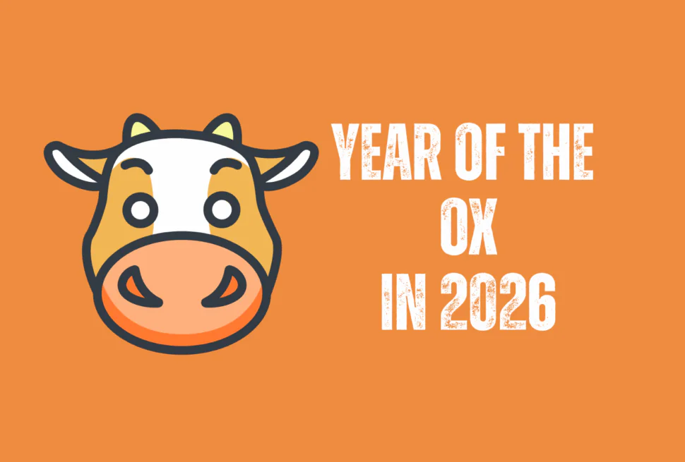 ox, chinese zodiac 2026, chinatravel, Cartoon cow head on an orange background with the text 'Year of the Ox in 2026' to the right.