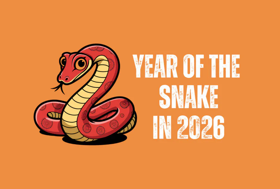 snake, chinese zodiac 2026, chinatravel, Red cartoon snake with beige underbelly coiled on an orange background, next to bold white text reading 'Year of the Snake in 2026'