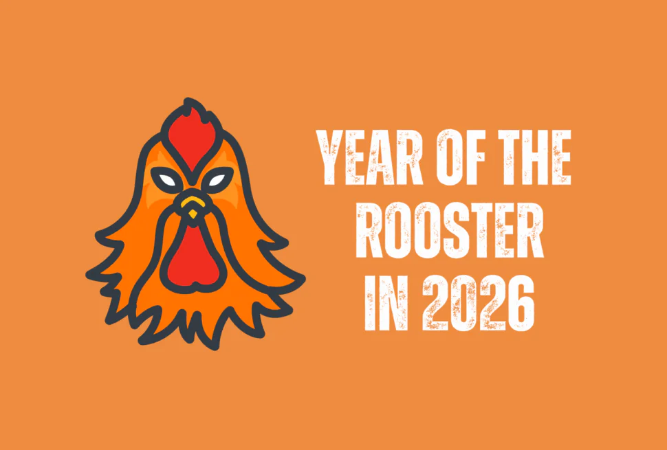 rooster, chinese zodiac 2026, chinatravel, Cartoon rooster head on orange background with bold white text reading 'Year of the Rooster in 2026'