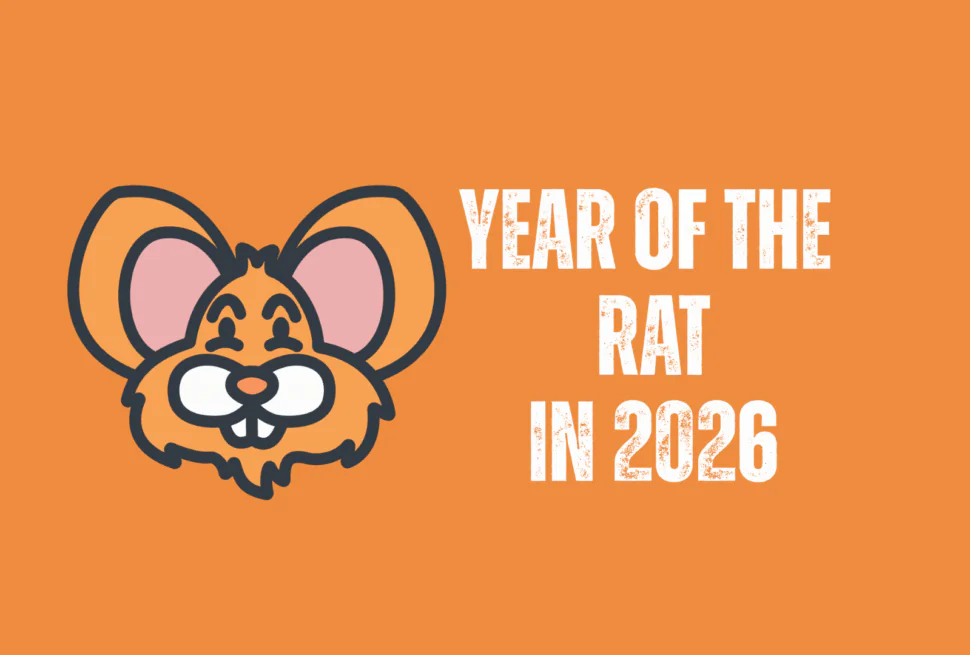 rat, chinese zodiac 2026, chinatravel, Cartoon rat head on an orange background beside bold white text: 'Year of the Rat in 2026'.