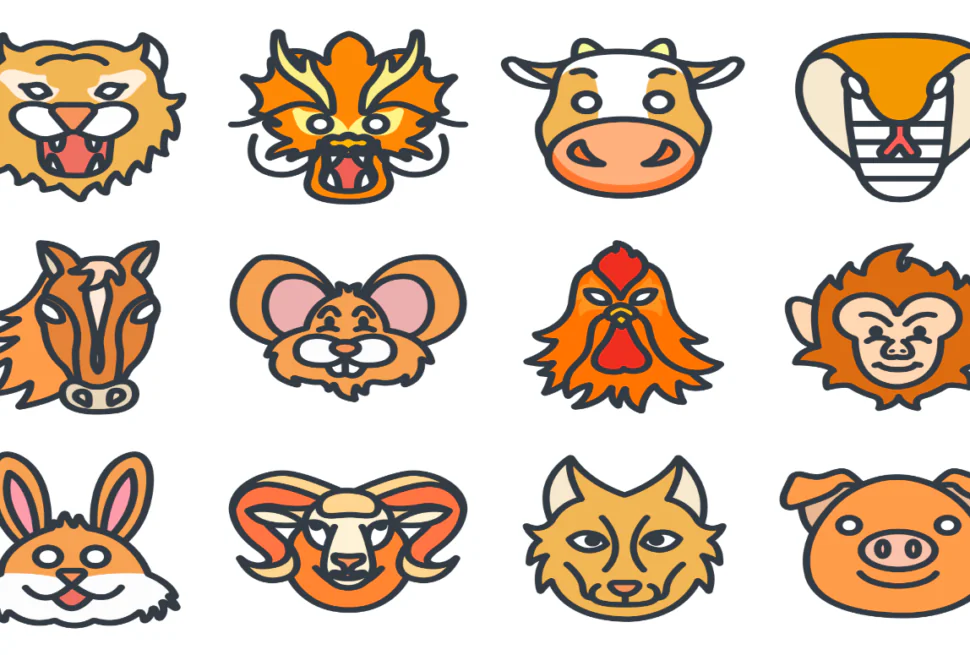 Chinese Zodiac 2025: Complete Guide to the Year of the Snake, china tour, Stylized tiger head icon with open mouth and teeth showing, facing forward in orange and black outline on white background, row 1, col 1.