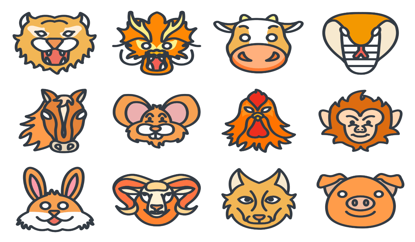 Chinese Zodiac 2025: Complete Guide to the Year of the Snake, china tour, Stylized tiger head icon with open mouth and teeth showing, facing forward in orange and black outline on white background, row 1, col 1.