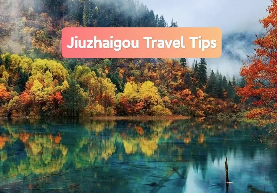 Jiuzhaigou Travel Tips, sichuan, china, chinatrip, Autumn forest in Jiuzhaigou reflected in a turquoise lake, with a peach travel tips banner reading 'Jiuzhaigou Travel Tips'.