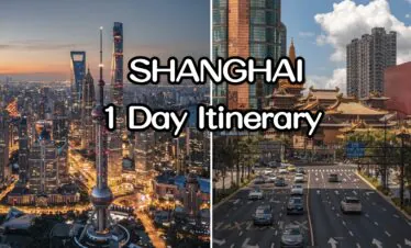 Shanghai 1 day Itinerary, china, chinatrip, Split-image collage of Shanghai: skyline on the left and a busy street with modern and traditional buildings on the right, overlaid with the text 'SHANGHAI 1 Day Itinerary'