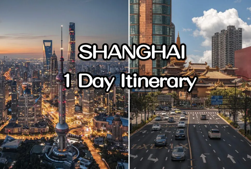 Shanghai 1 day Itinerary, china, chinatrip, Split-image collage of Shanghai: skyline on the left and a busy street with modern and traditional buildings on the right, overlaid with the text 'SHANGHAI 1 Day Itinerary'