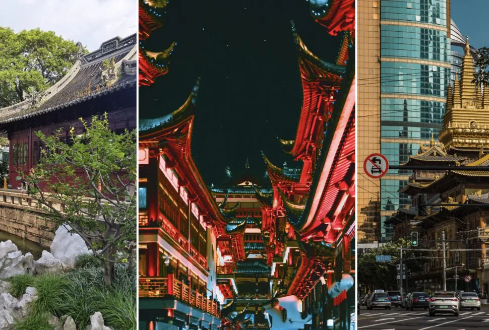 Yuyuan, City God Temple, Jing'an Temple, shanghai, china, chinatrip, Three-panel collage showing: a tranquil garden with rocks and a pond; a neon-lit traditional temple at night; a city street with modern glass buildings and a golden pagoda.