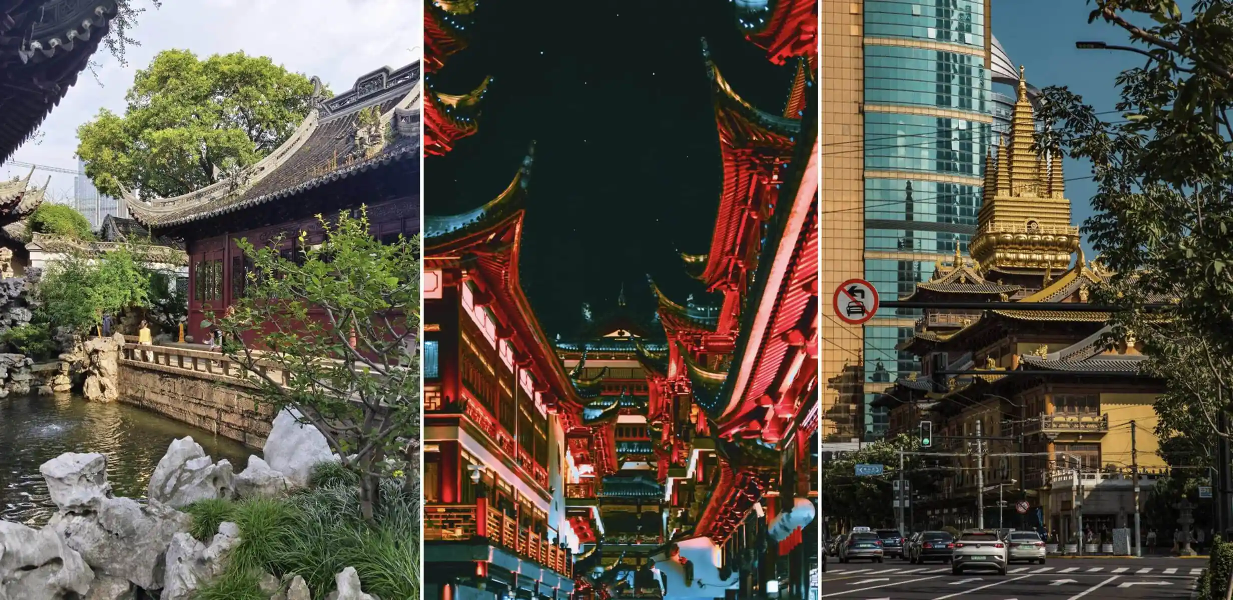 Yuyuan, City God Temple, Jing'an Temple, shanghai, china, chinatrip, Three-panel collage showing: a tranquil garden with rocks and a pond; a neon-lit traditional temple at night; a city street with modern glass buildings and a golden pagoda.