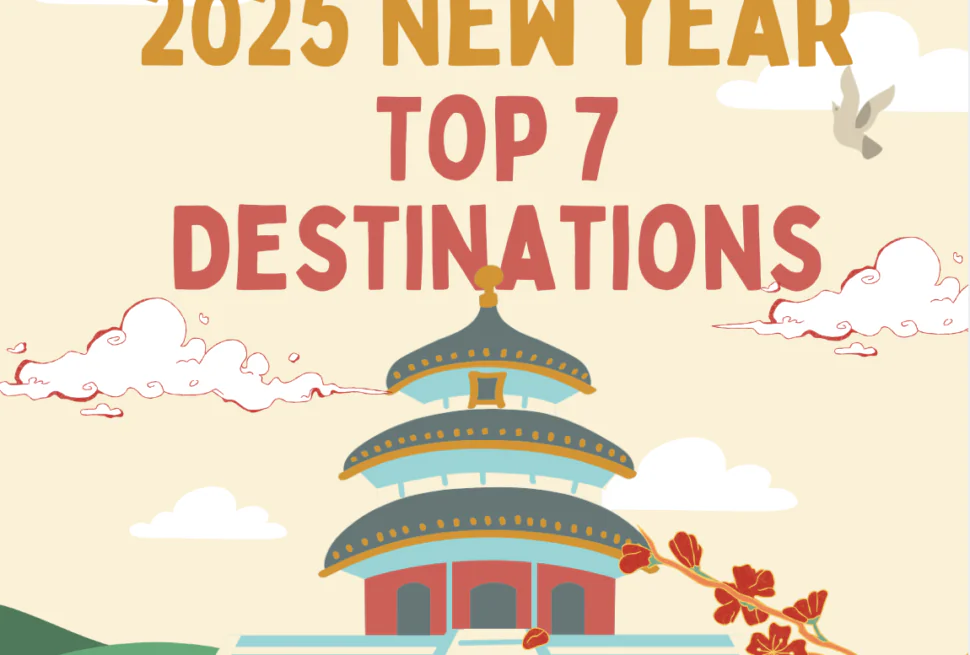 2025 New Year Top 7 Destinations, china, china tour, Poster for China Explorer Tour 2025 New Year Top 7 Destinations, with a tiered pagoda and red blossoms against a pale sky.