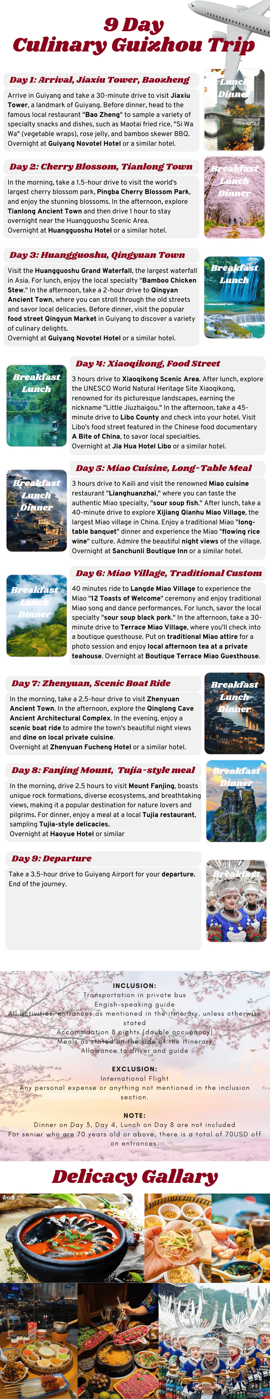 Infographic detailing a 9-day Guizhou culinary trip with daily activities, meals, and lodging, plus a Delicacy Gallery section.