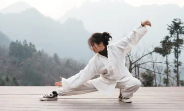 Wudang, shiyan, hubei, china tour, Person in a light beige martial arts outfit performing a low stance on a wooden deck with misty mountains in the background
