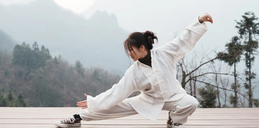 Wudang, shiyan, hubei, china tour, Person in a light beige martial arts outfit performing a low stance on a wooden deck with misty mountains in the background