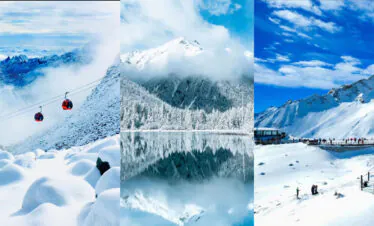 Bipenggou, 3-Days Explore Western Sichuan in Winter- Siguniang Mountain, Bipenggou, and Dagu Glacier, china tour, Snowy alpine landscape with a mountain range, a blue cable car line with three red gondolas, and a lake reflecting the scene.