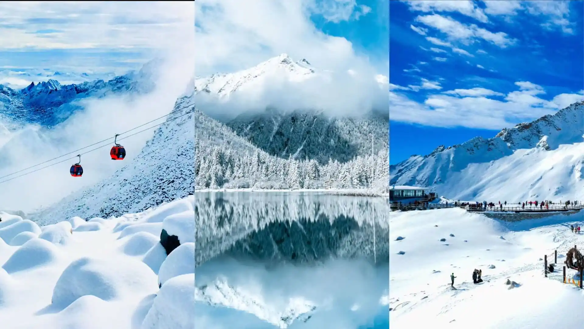 Bipenggou, 3-Days Explore Western Sichuan in Winter- Siguniang Mountain, Bipenggou, and Dagu Glacier, china tour, Snowy alpine landscape with a mountain range, a blue cable car line with three red gondolas, and a lake reflecting the scene.