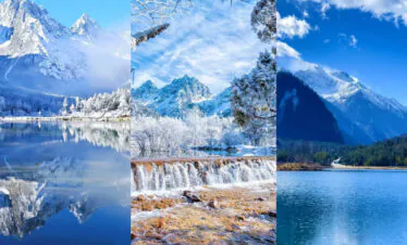 Bipenggou, 3-Days Explore Western Sichuan in Winter- Siguniang Mountain, Bipenggou, and Dagu Glacier, china tour, Collage of three winter mountain landscapes: left a snow‑capped peak and frozen lake, center snow‑covered trees with a waterfall, right a blue mountain lake with a forested shore.
