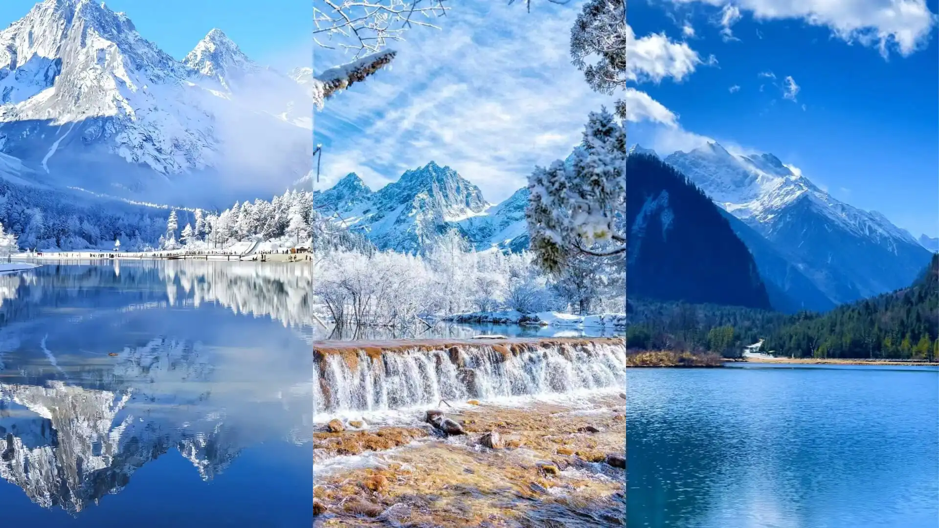 Bipenggou, 3-Days Explore Western Sichuan in Winter- Siguniang Mountain, Bipenggou, and Dagu Glacier, china tour, Collage of three winter mountain landscapes: left a snow‑capped peak and frozen lake, center snow‑covered trees with a waterfall, right a blue mountain lake with a forested shore.