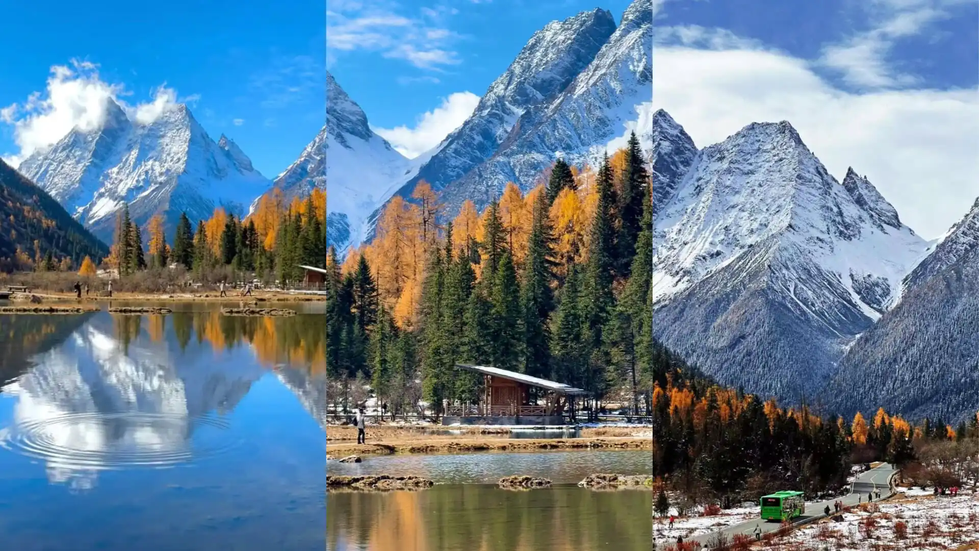 Bipenggou, 3-Days Explore Western Sichuan in Winter- Siguniang Mountain, Bipenggou, and Dagu Glacier, china tour, Alpine landscape collage with snow-capped mountains, evergreen and golden trees, and a reflective lake.