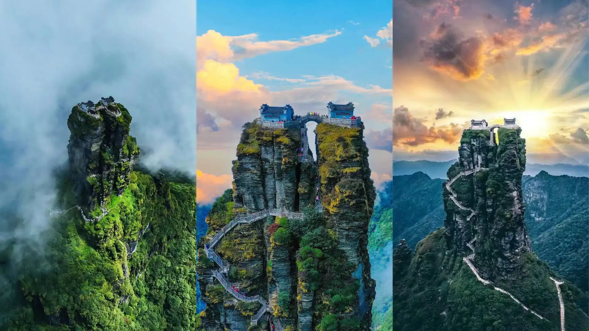 Mount Fanjing, guizhou, china, china tour, Three tall rock pinnacles with staircases and small pavilions on top, linked by bridges amid dramatic skies and clouds.