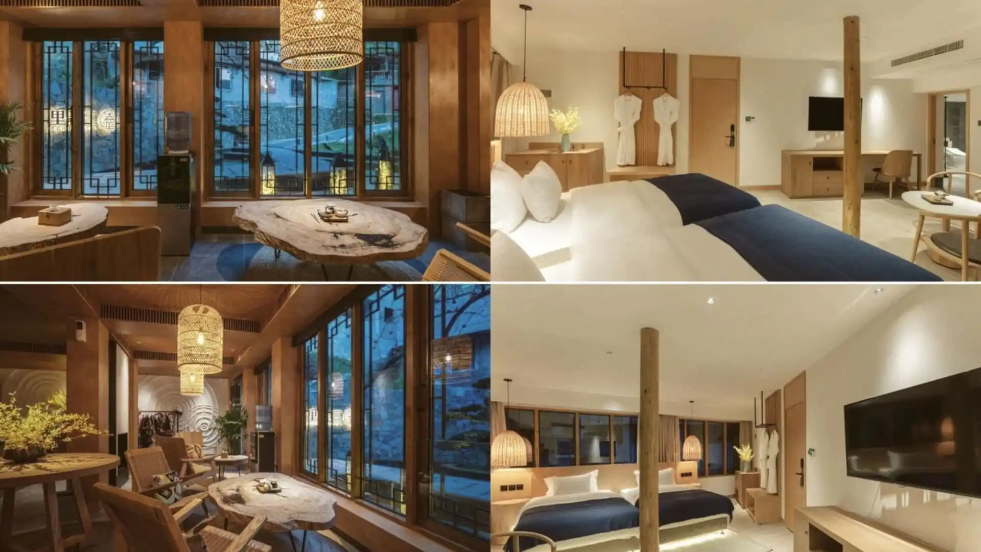 Sanchunli Boutique Inn, guizhou, china, china tour, Open-plan hotel suite with twin beds, wooden beams, and a sitting area framed by large grid windows at dusk/evening light.