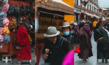 Tibet, china, china tour, Market collage: colorful hats and bags for sale, two people in wide-brim hats with masks, and two travelers in robes walking a shop-lined street.