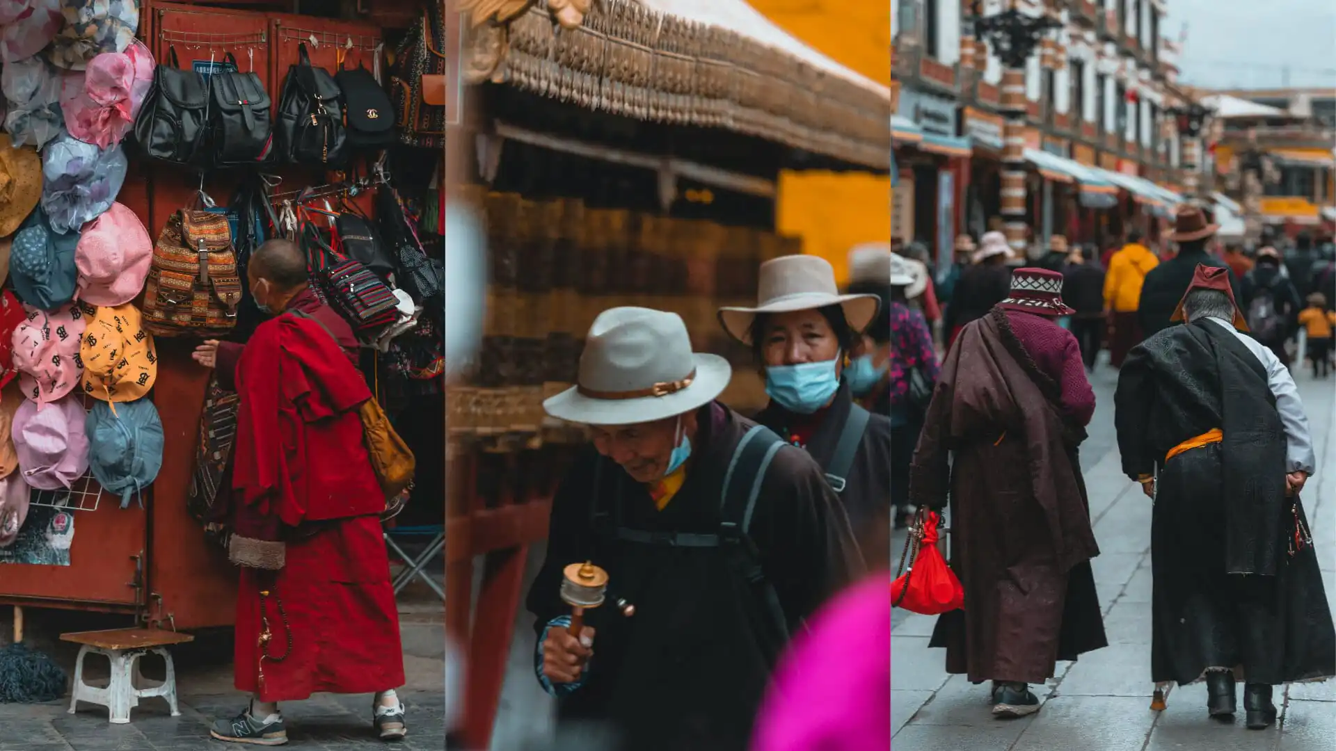 Tibet, china, china tour, Market collage: colorful hats and bags for sale, two people in wide-brim hats with masks, and two travelers in robes walking a shop-lined street.