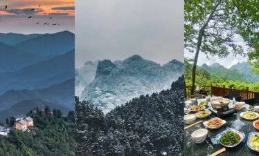 Wudang Mountain Tai Chi Retreat, hubei, china tour, Triptych mountains: blue misty ranges left, snow-capped center, and green hillside dining with mountain view on the right.