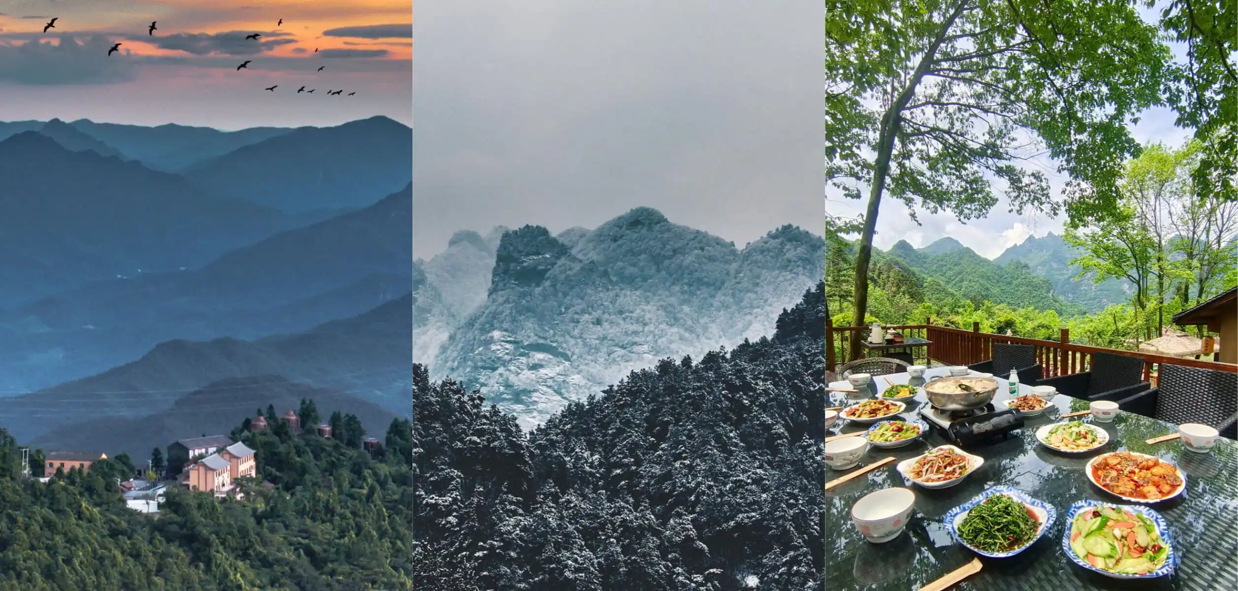 Wudang Mountain Tai Chi Retreat, hubei, china tour, Triptych mountains: blue misty ranges left, snow-capped center, and green hillside dining with mountain view on the right.