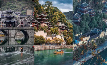 Zhenyuan Ancient Town, guizhou, china, china tour, Collage of three Chinese landscape scenes: a stone bridge with a pagoda over a river, a red multi-tier pagoda among trees, and an aerial view of blue-roofed temple buildings along a hillside.