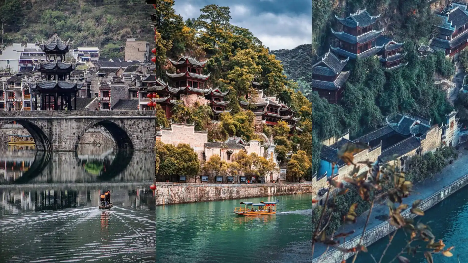 Zhenyuan Ancient Town, guizhou, china, china tour, Collage of three Chinese landscape scenes: a stone bridge with a pagoda over a river, a red multi-tier pagoda among trees, and an aerial view of blue-roofed temple buildings along a hillside.