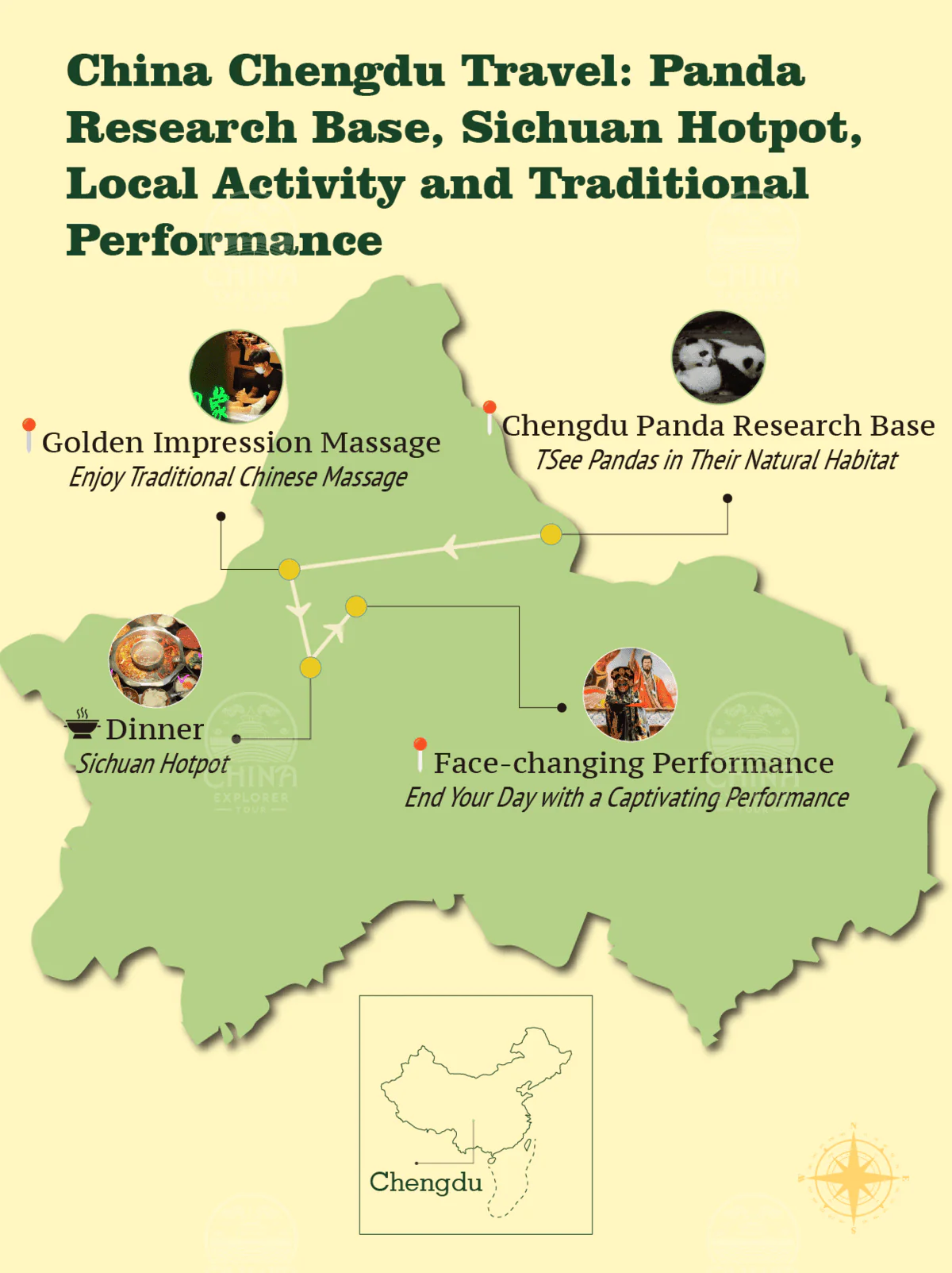 Map of Sichuan highlighting Chengdu attractions: Panda Research Base, hotpot dinner, traditional massage, and face-changing performance with route lines and icons.
