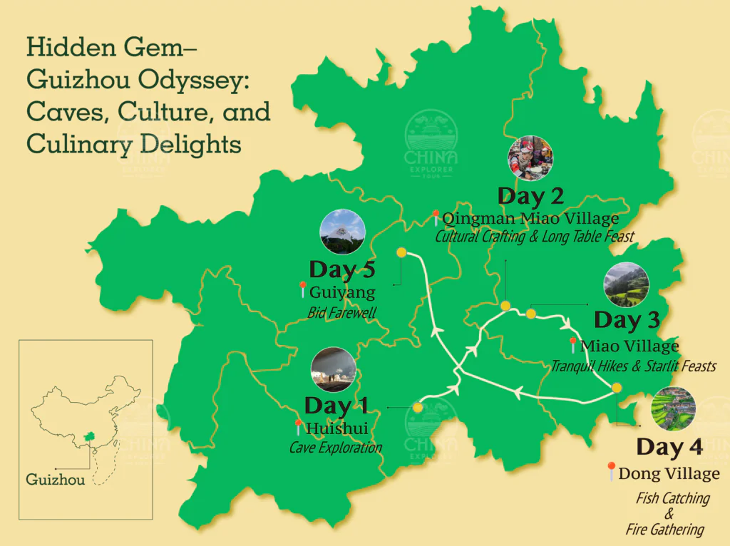 Guizhou Odyssey: Caves, Culture, and Culinary Delights, china tour, Map illustrating a Guizhou Odyssey travel route (Days 1–5) with cave explorations, villages, and cultural highlights on a beige backdrop.
