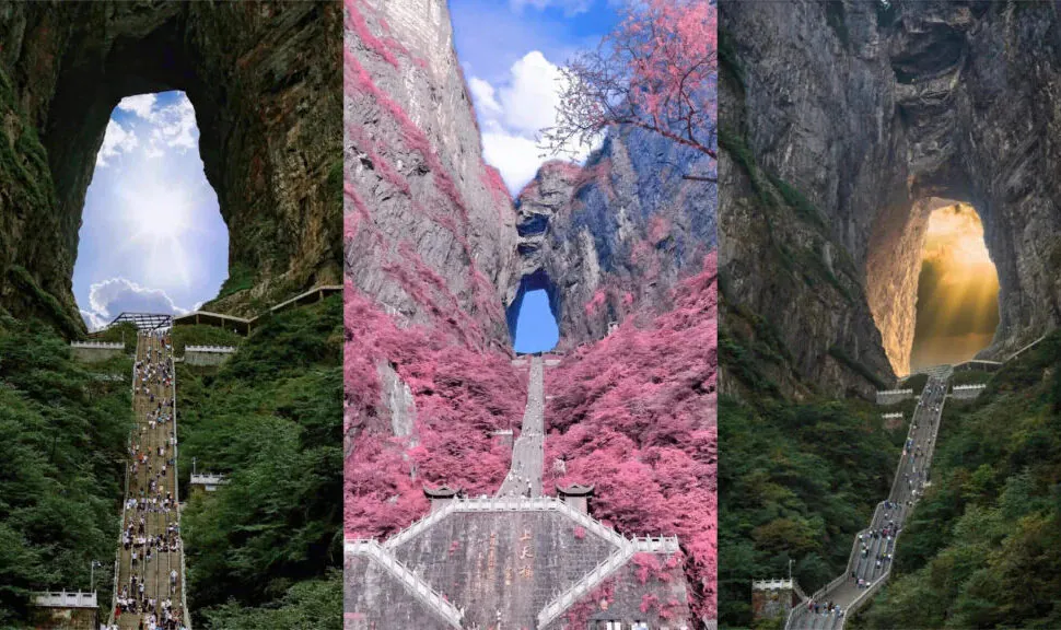 tianmen cave, zhangjiajie, hunan, china, china tour, Triptych image of mountain staircases ascending through rocky arches, left and right with green cliffs, center with pink foliage and a gate at the top.