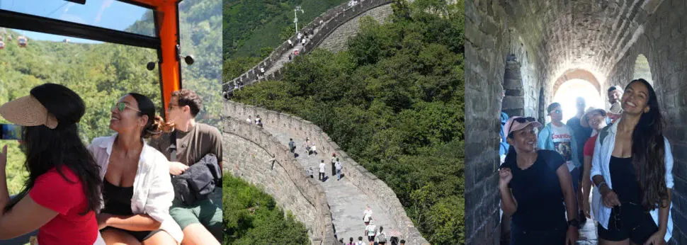the great wall, beijing, china, china tour, Three-panel scene of tourists exploring the Great Wall: people riding a cable car with mountain views, a winding wall section with tourists on a hillside, and visitors walking through a stone corridor inside the wall.