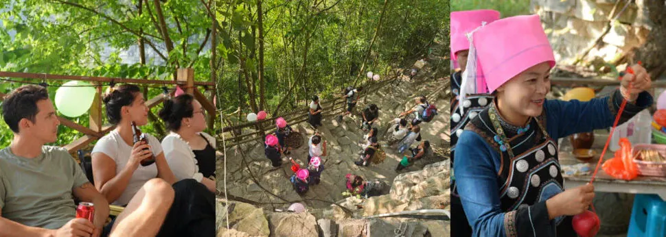 Guizhou, china tour, Three-panel collage from an outdoor outing: left shows friends relaxing with drinks, middle shows a group hiking along a rocky forest path, right shows a child twisting a pink balloon at a craft stall.