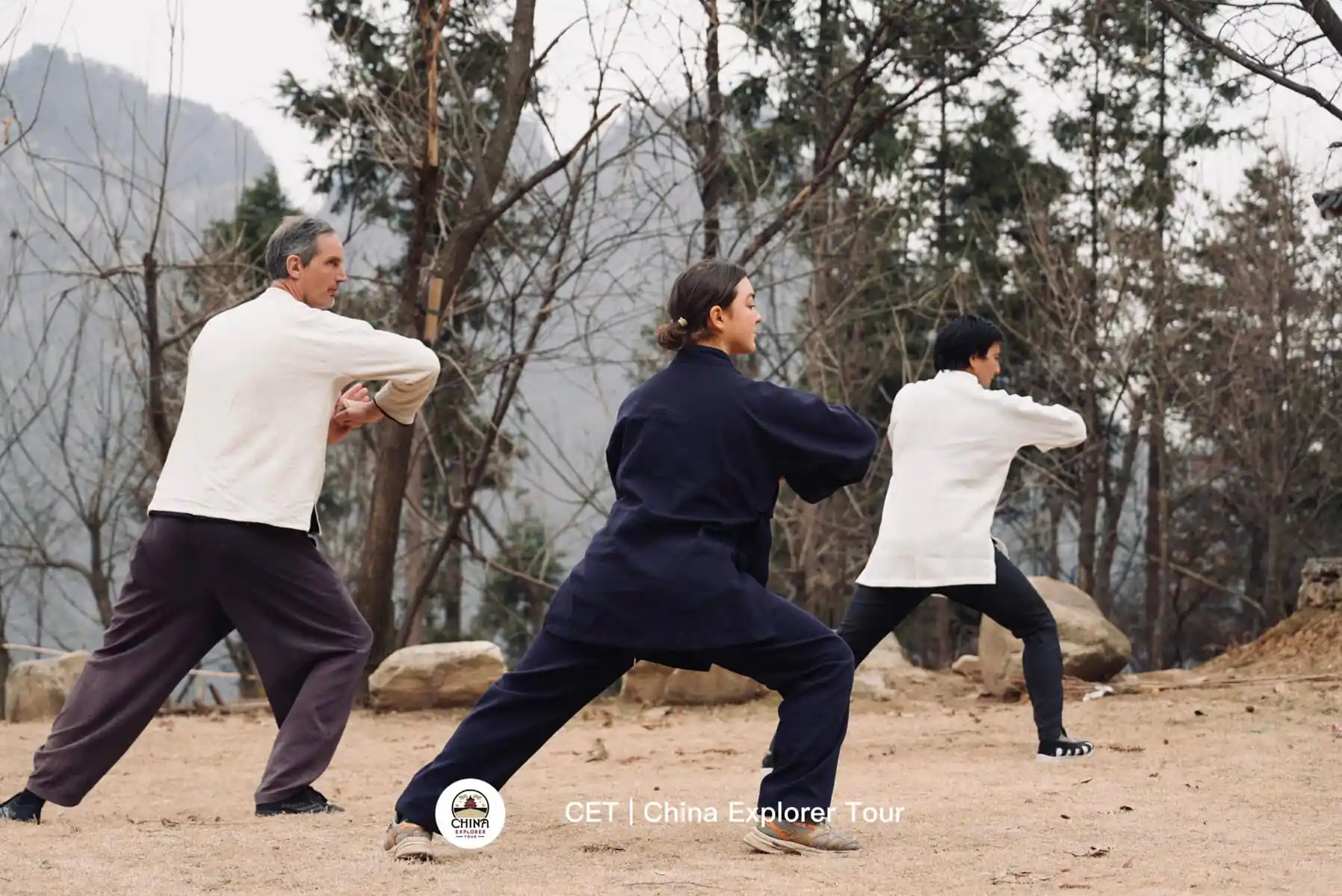 wudang taichi, hubei, china, chinaexplorertour, Three people practicing martial arts in an outdoor, rocky park with bare trees in the background.