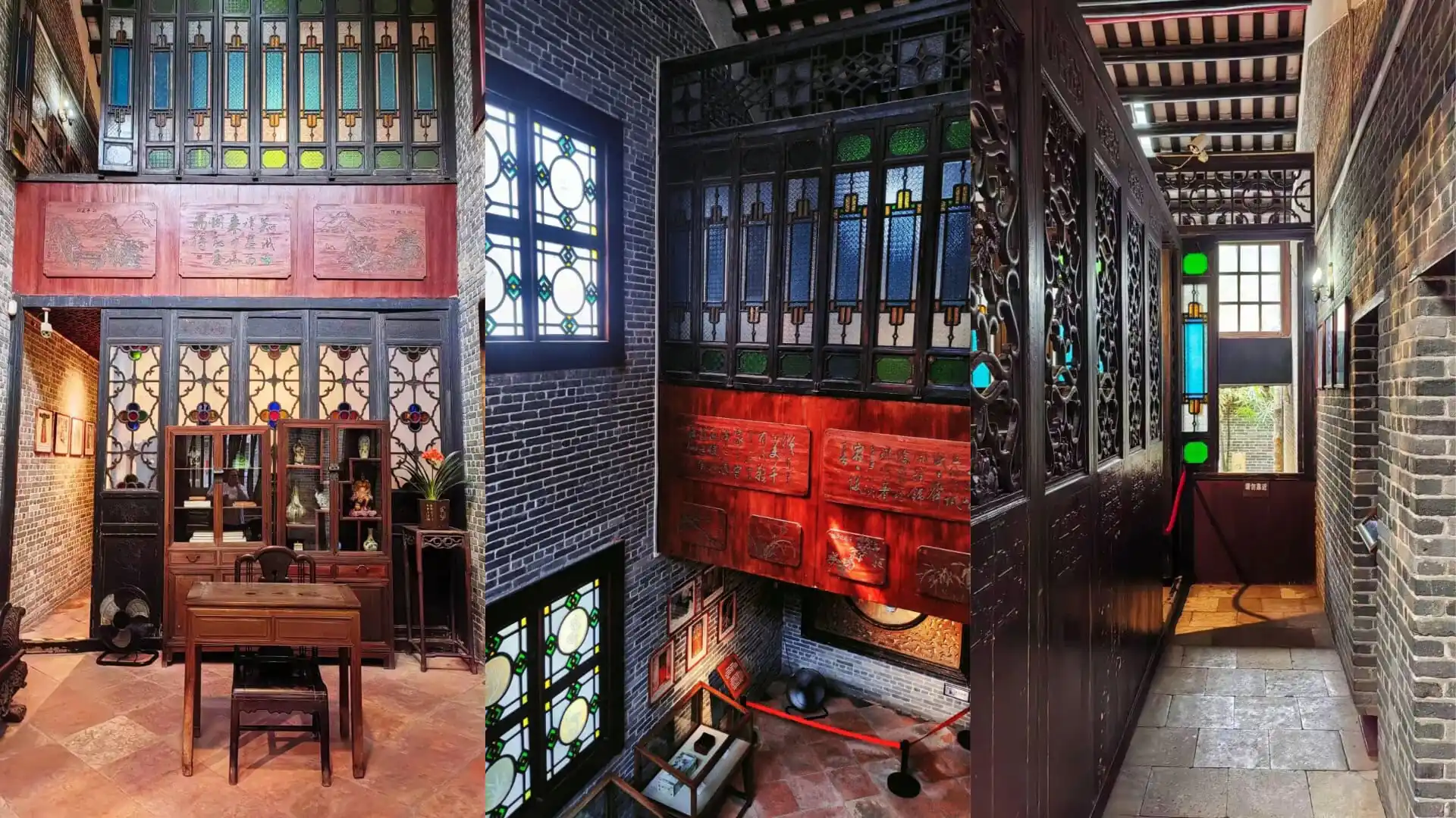 xiguan mansion, guangzhou, china, chinatrip, Interior of a Chinese-style room with dark wood latticed screens, stained glass panels, brick walls, and antique furniture.