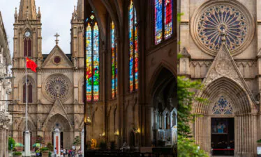 Sacred Heart Cathedral, guangzhou, china, chinatrip, A Gothic cathedral with a red flag in front, featuring tall spires, arches, and a circular rose window visible on the facade.