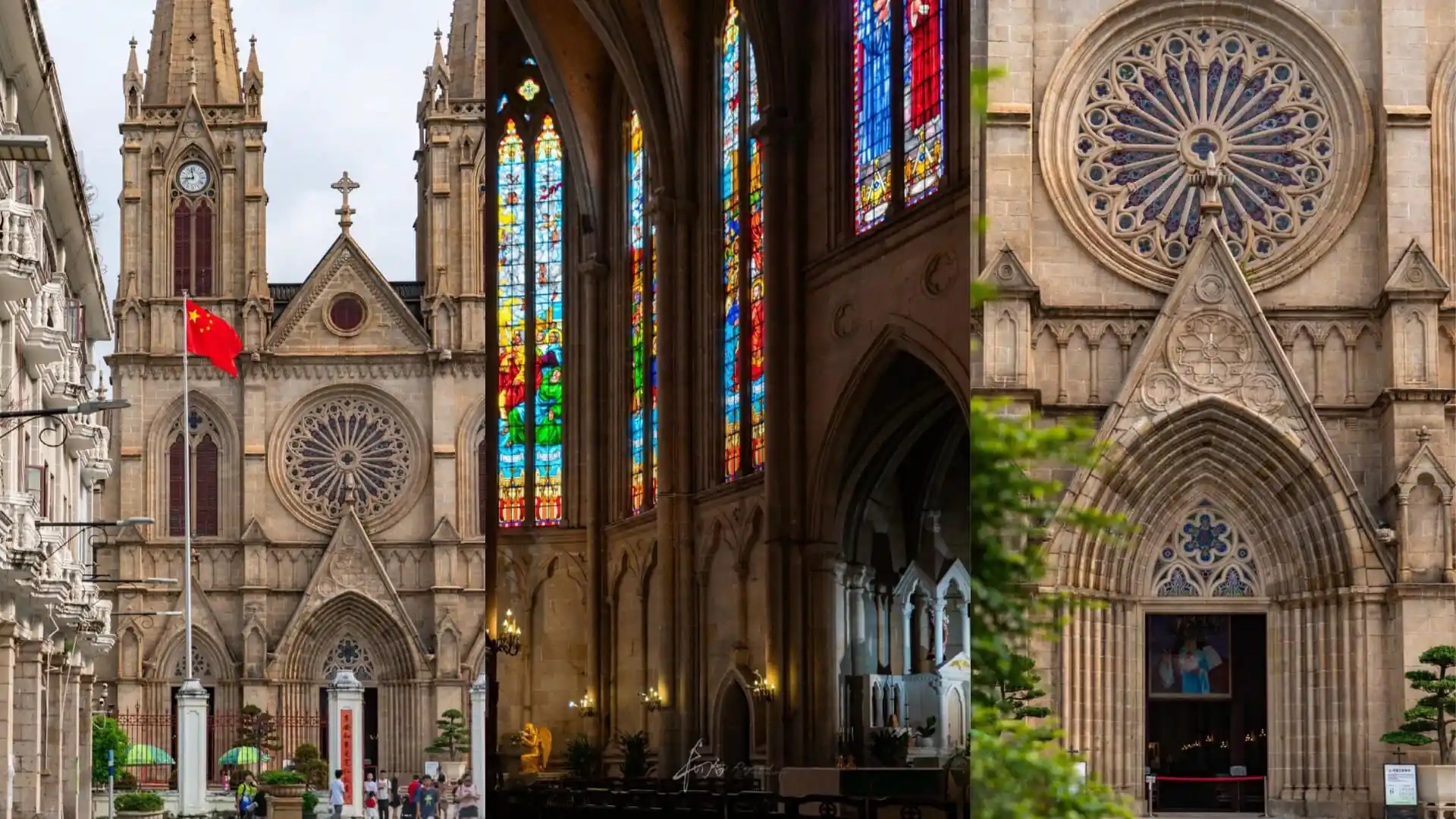 Sacred Heart Cathedral, guangzhou, china, chinatrip, A Gothic cathedral with a red flag in front, featuring tall spires, arches, and a circular rose window visible on the facade.