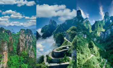 Tianmen Mountain, Zhangjiajie, hunan, china, chinatrip, Panoramic view of tall karst mountains with a winding road along the cliff under a blue sky with clouds.